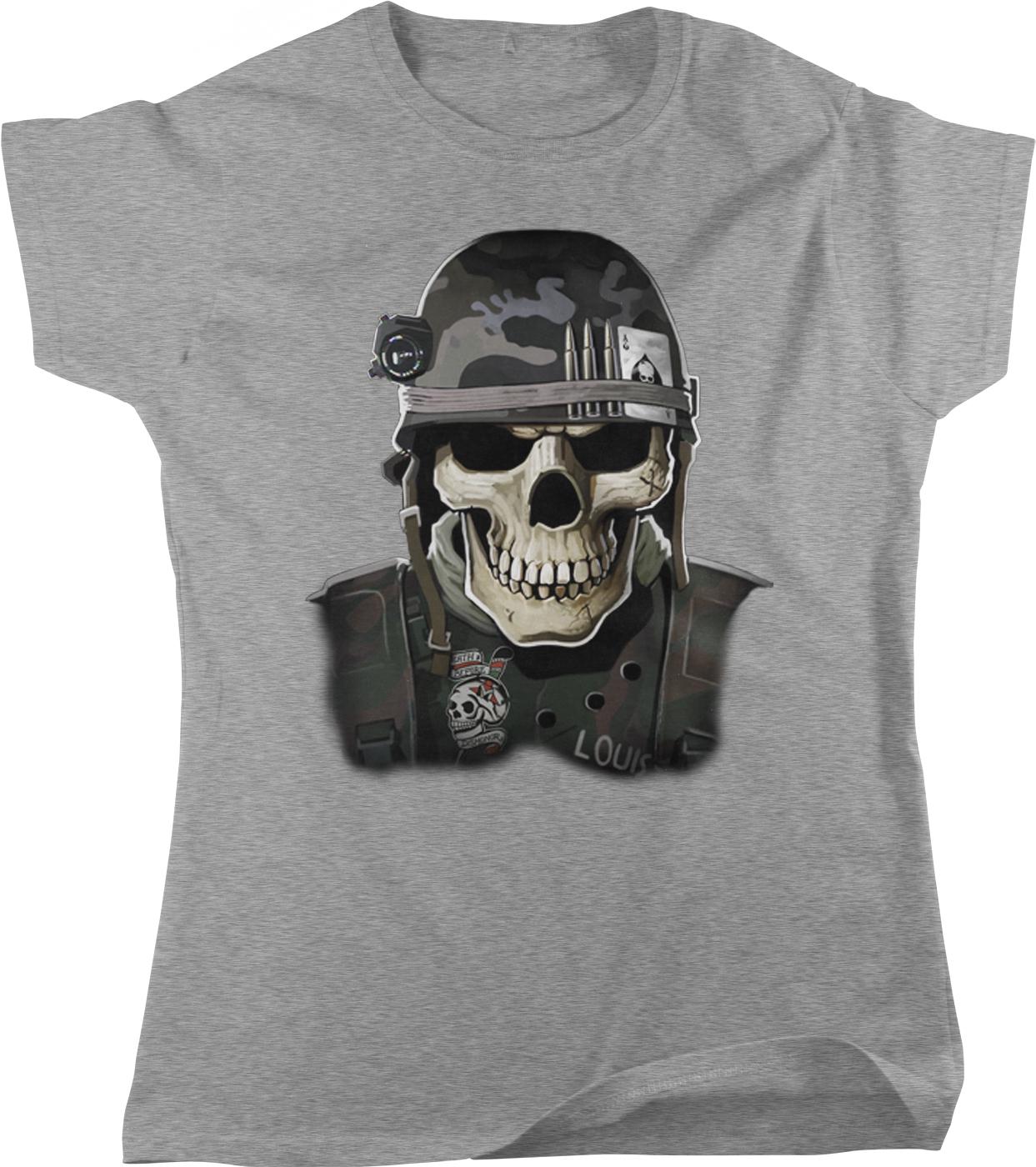 A t-shirt design featuring a skull wearing a military-style helmet and carrying a badge.