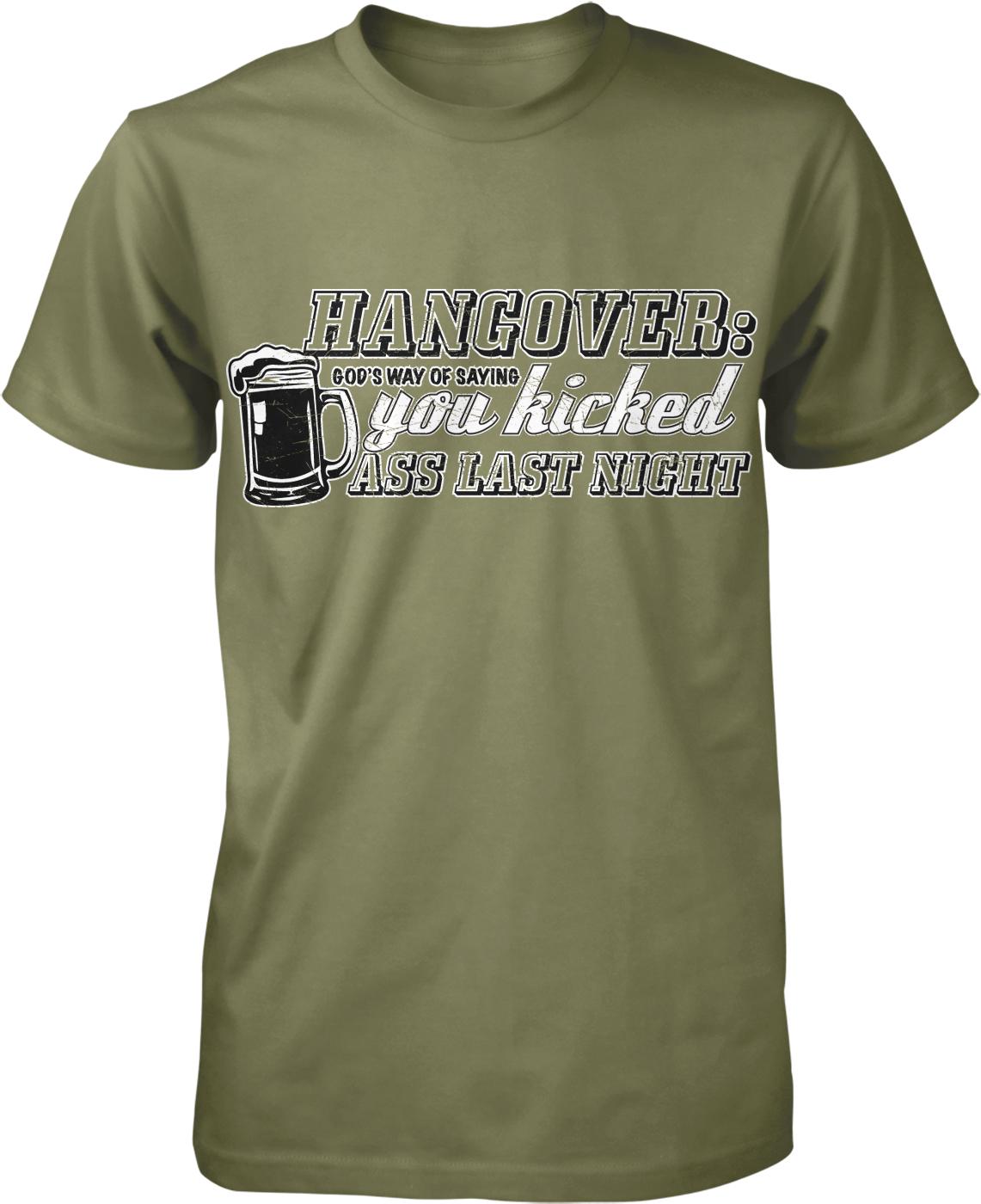 A green t-shirt with a humorous text and graphic design.