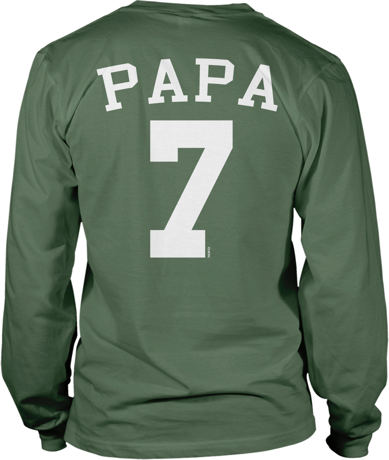 A green long-sleeved t-shirt with the text "PAPA 7" printed on the back.