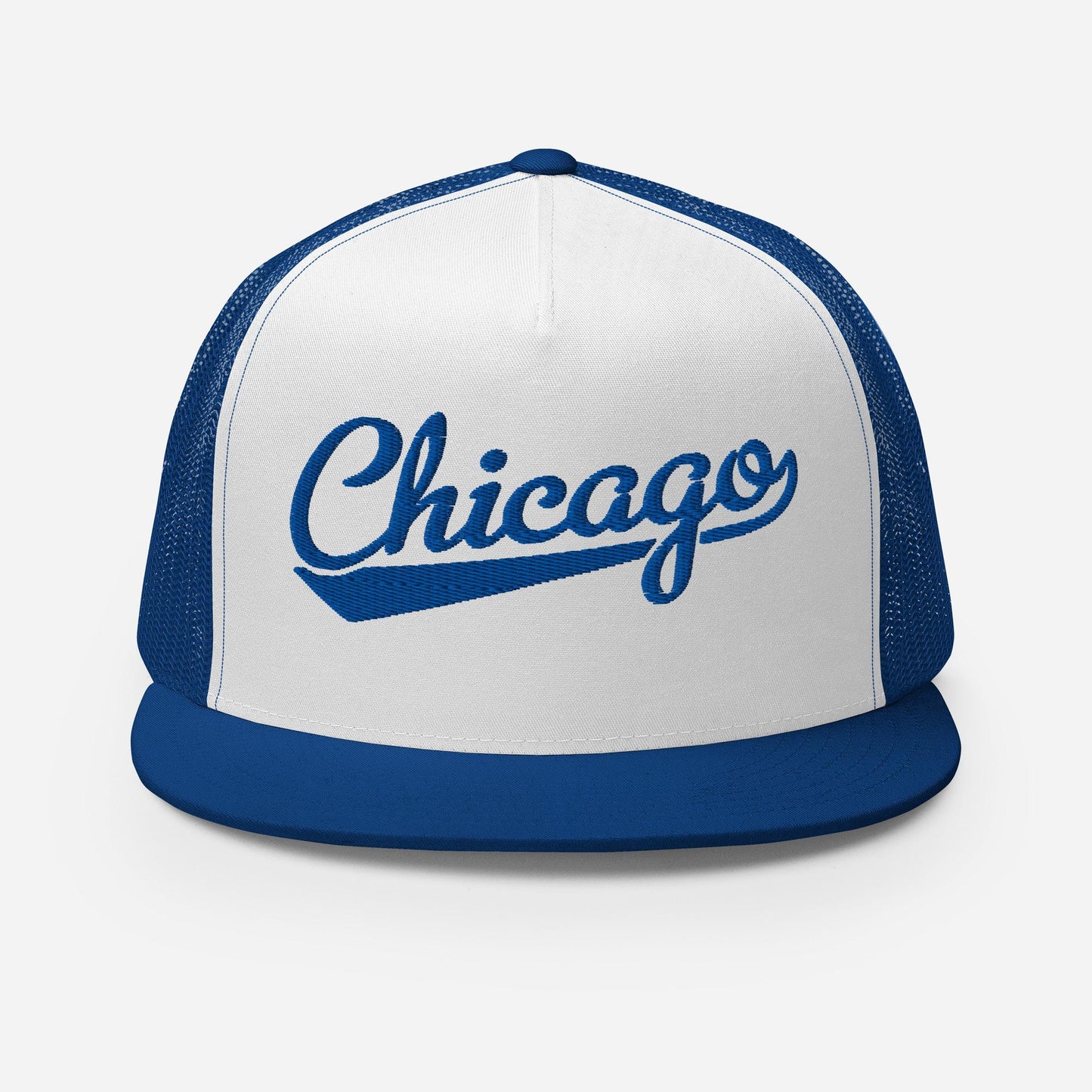 A white and blue baseball cap with the word "Chicago" printed on it.