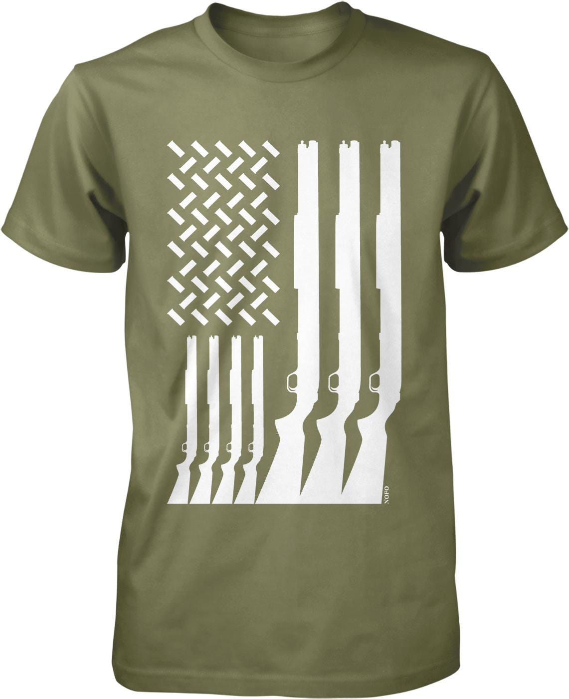 A green t-shirt with a graphic design depicting a flag and multiple rifle silhouettes arranged in a repeating pattern.
