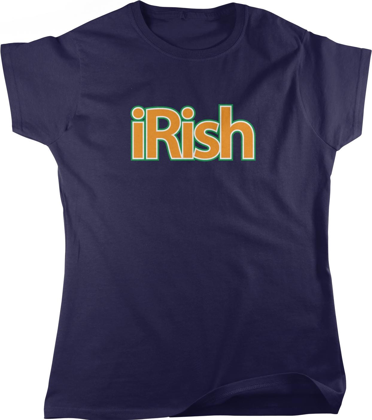 A navy blue t-shirt with the word "iRish" printed in orange and green letters.