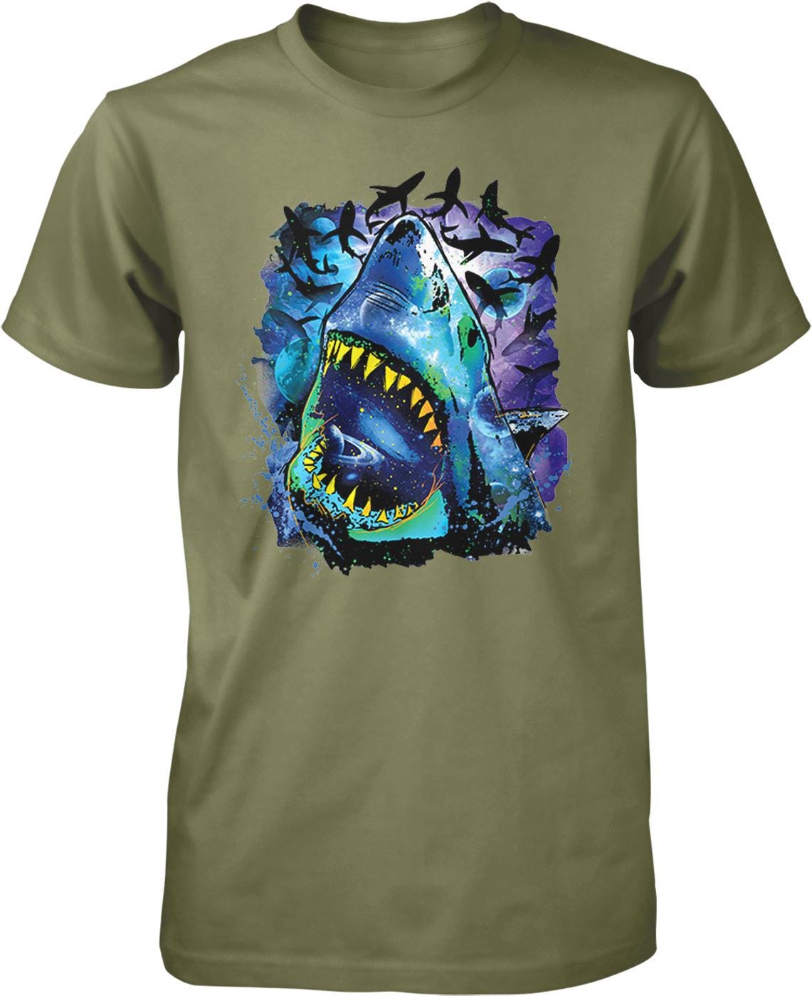 A t-shirt with a graphic design depicting a large shark with its mouth open, surrounded by a colorful, abstract background with various shapes and patterns.