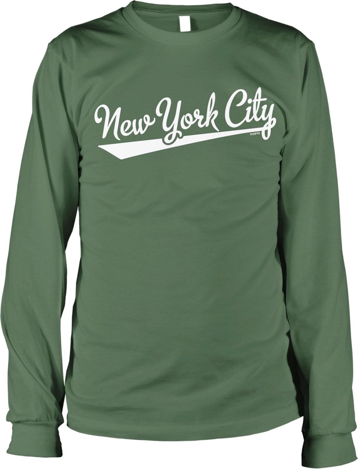A green long-sleeved shirt with the text "New York City" printed on it in white.