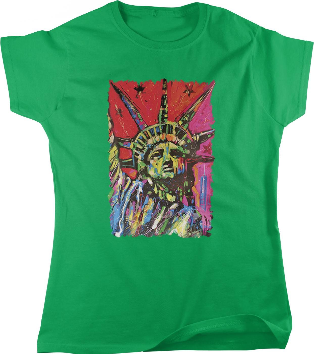 A green t-shirt with a colorful, abstract painting of the Statue of Liberty printed on it.