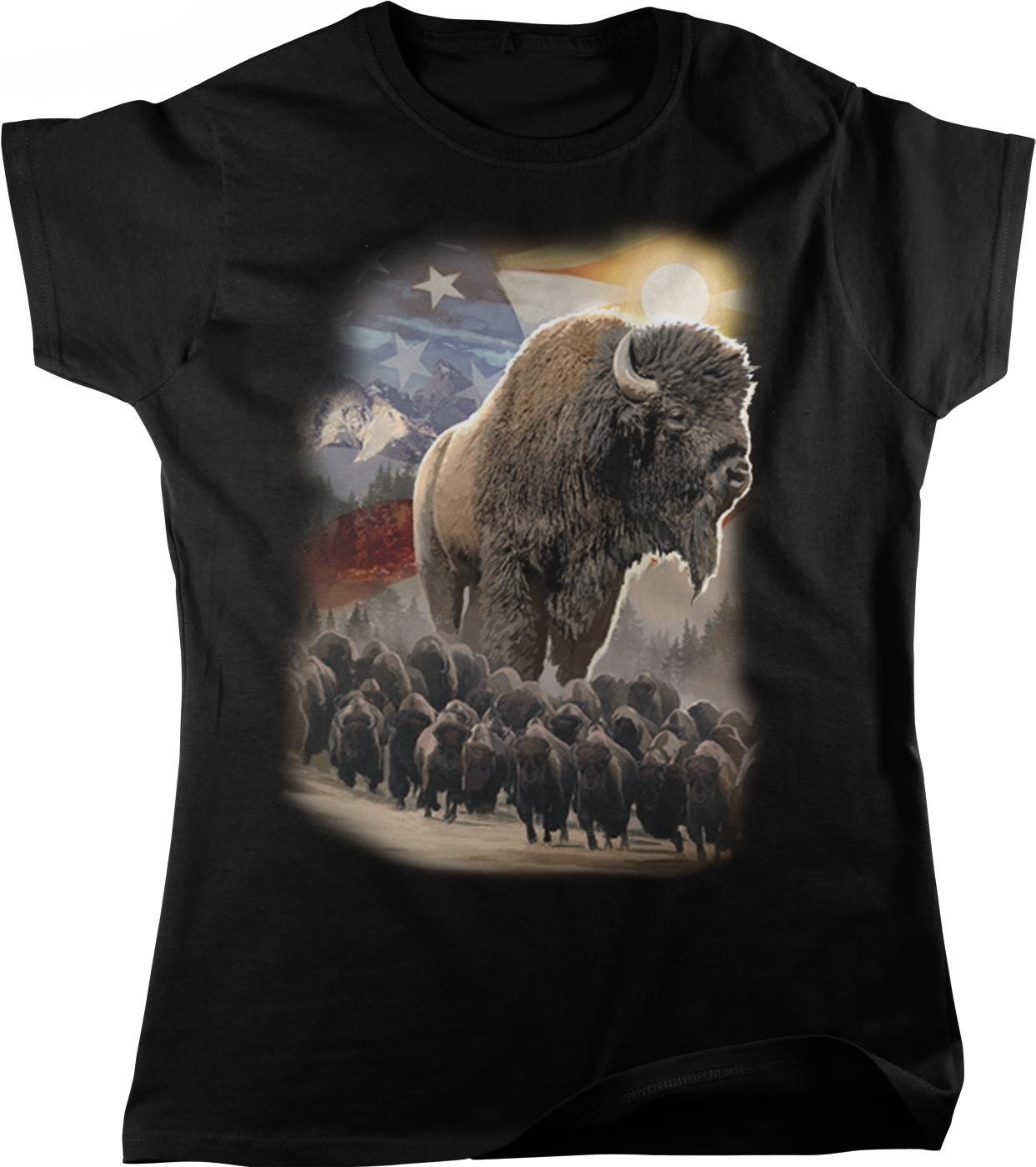 A black t-shirt with a graphic design depicting a large bison surrounded by smaller bison, with a backdrop of mountains, a flag, and a bright sun.