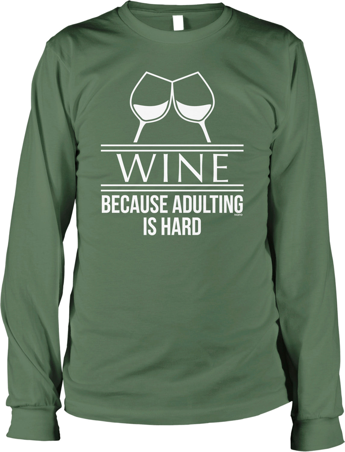 A green long-sleeved t-shirt with a white graphic design and text printed on it.