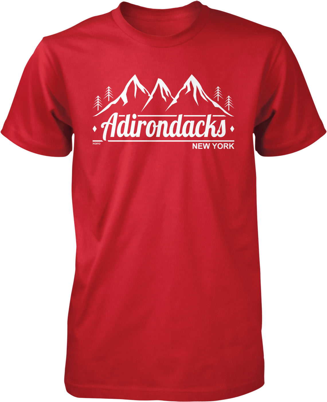 A red t-shirt with a graphic design featuring a mountain range and the text "Adirondacks New York" printed on it.