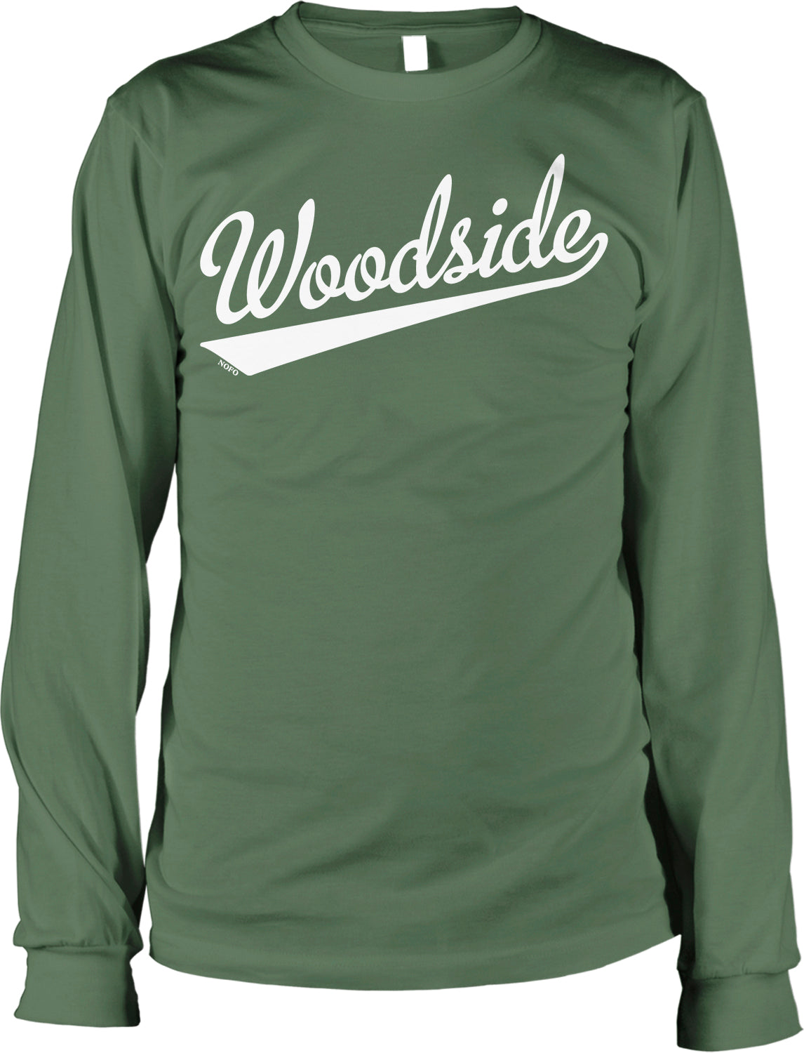 A green long-sleeved t-shirt with the word "Woodside" printed in white text across the front.