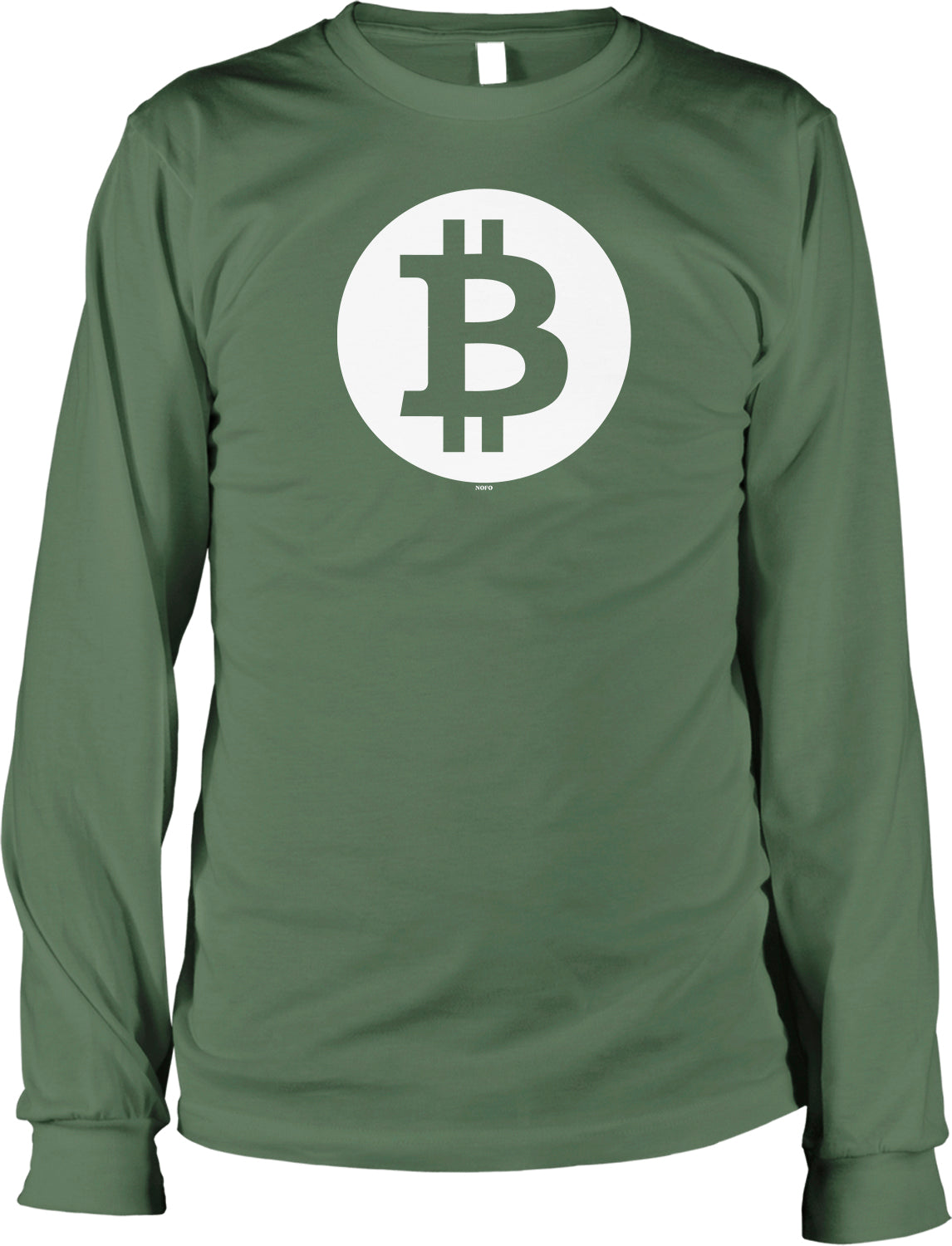 A long-sleeved green t-shirt with a white Bitcoin symbol printed on it.