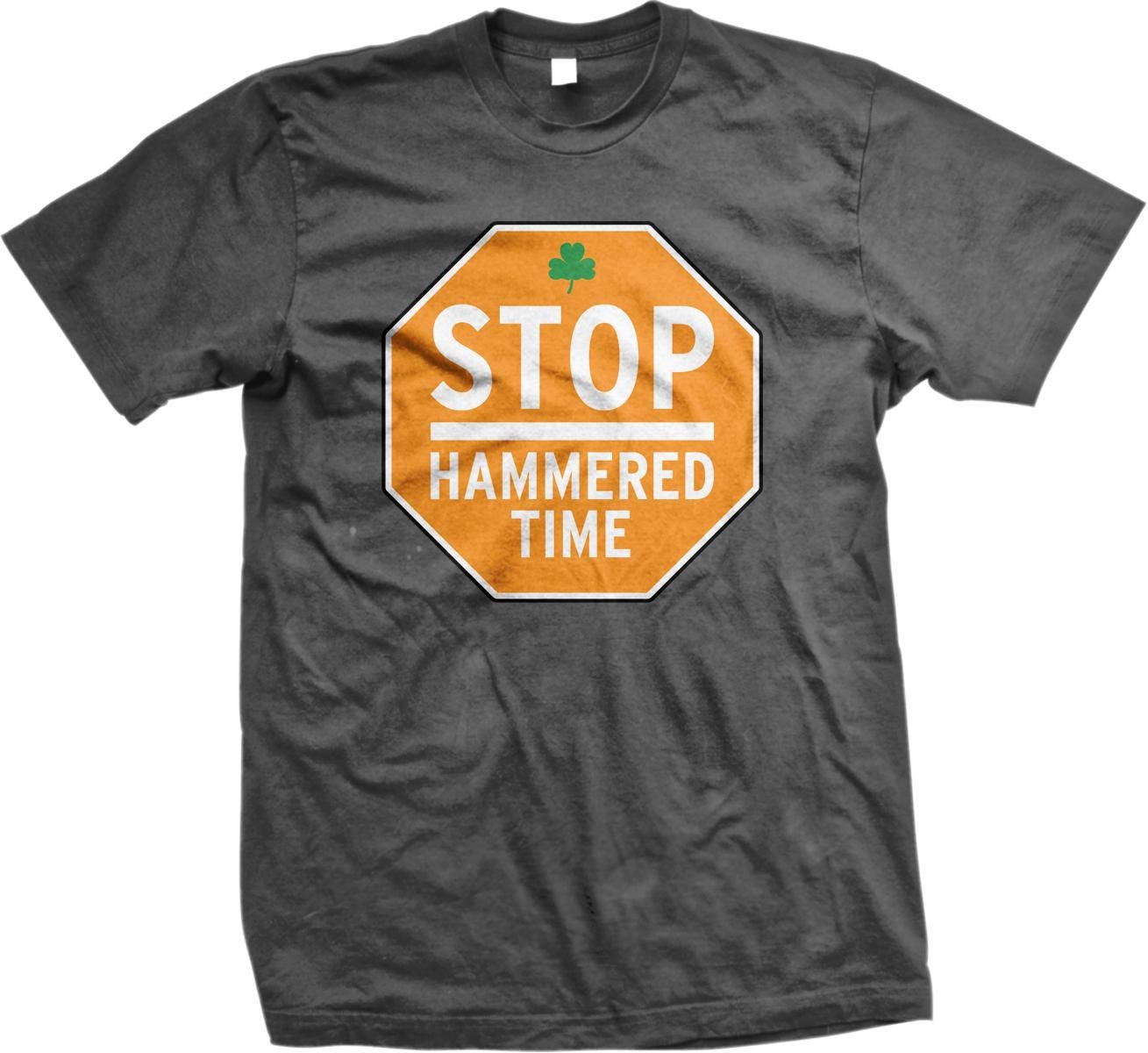 A gray t-shirt with an orange and white octagonal stop sign design and the text "STOP HAMMED TIME" printed on it.