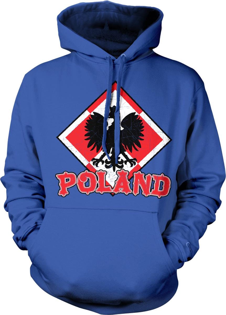 A blue hoodie with a graphic design featuring a black eagle and the word "POLAND" written below it.