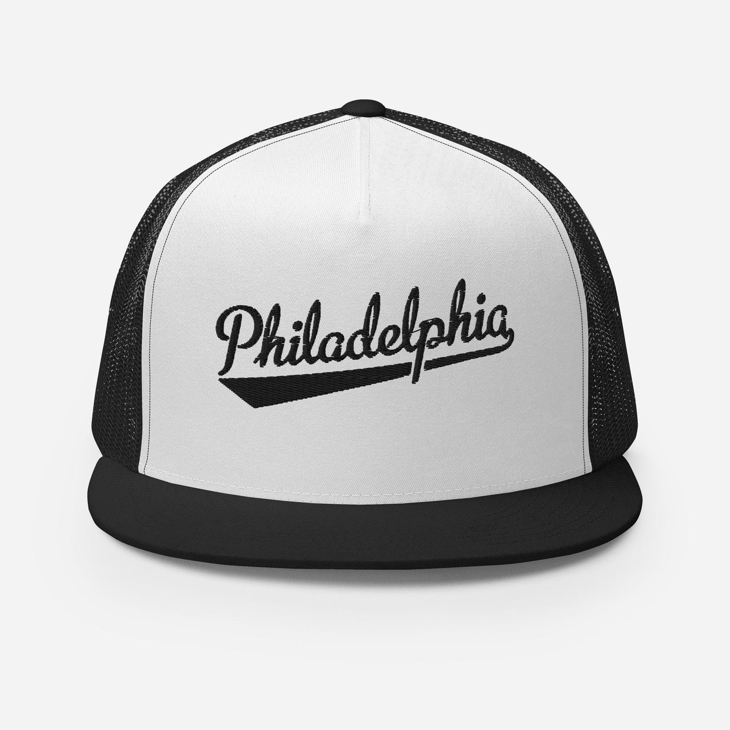 A black and white baseball cap with the word "PhiladELPHIA" printed on it.