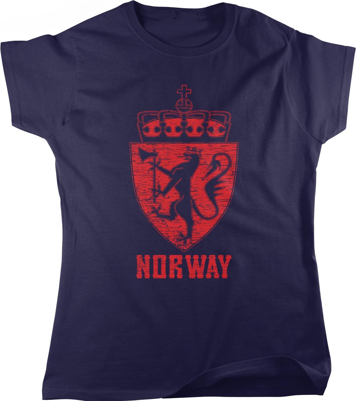 A navy blue t-shirt with a red graphic design depicting a shield with a lion and a crown, along with the text "NORWAY" below it.