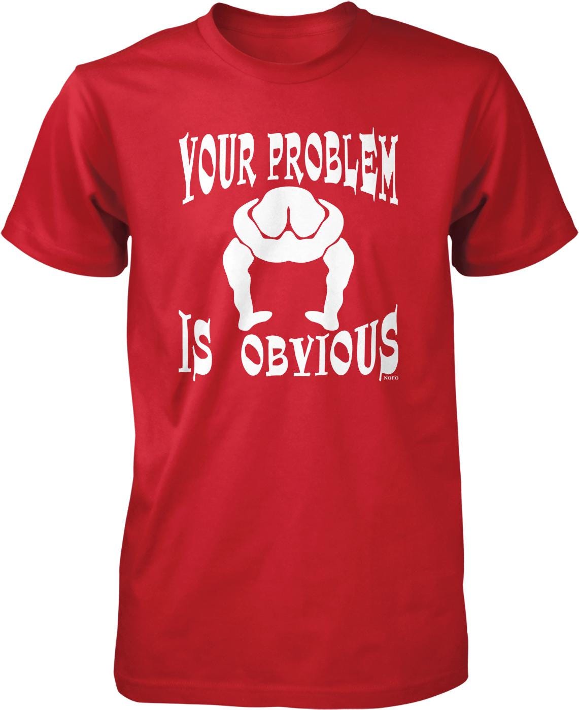 A red t-shirt with the text "YOUR PROBLEM IS OBVIOUS" printed on it.