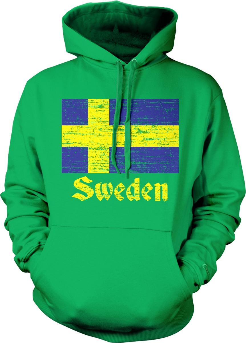 A green hoodie with a graphic of the Swedish flag on it.