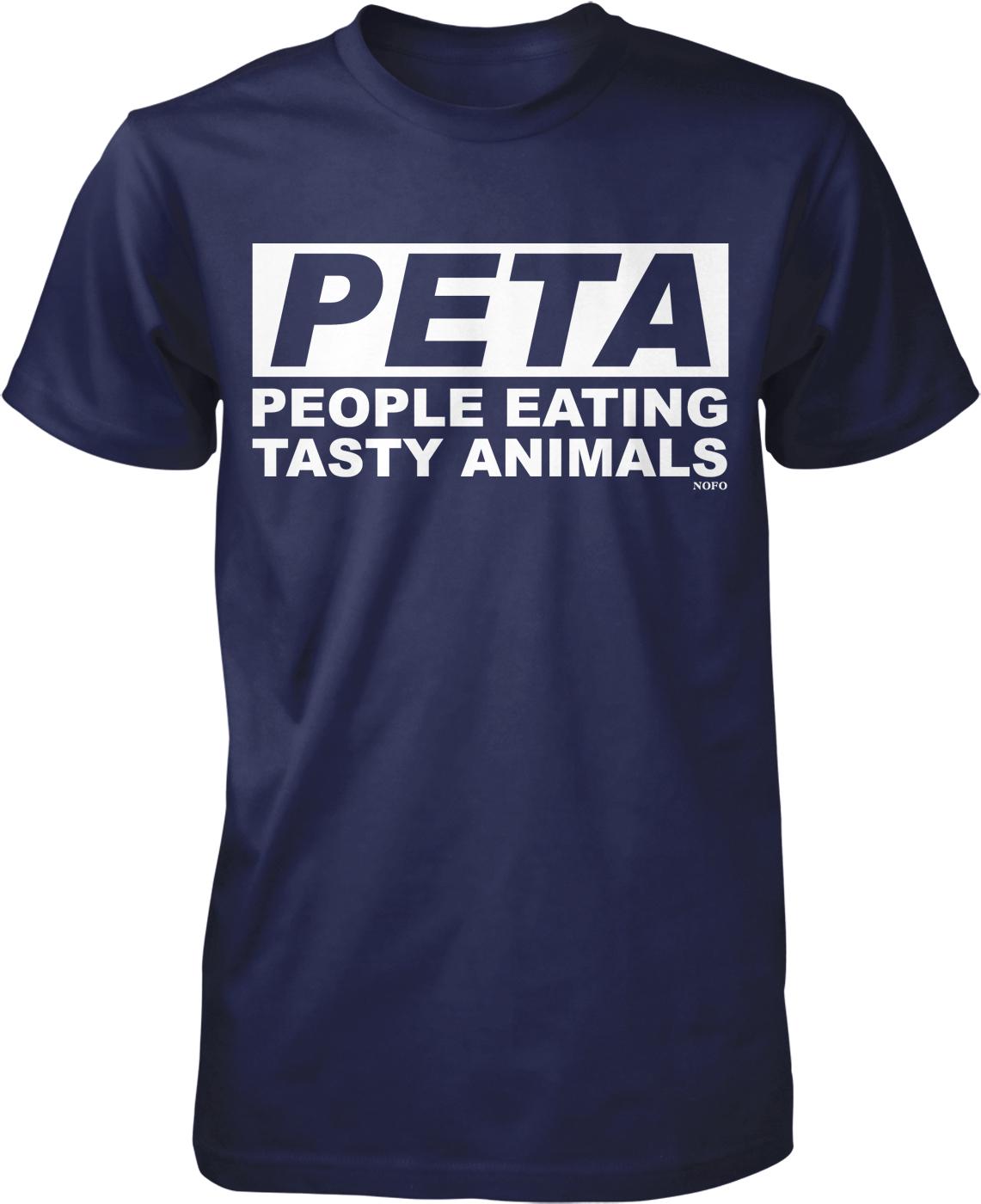 A navy blue t-shirt with the text "PETA PEOPLE EATING TASTY ANIMALS" printed on it in white.