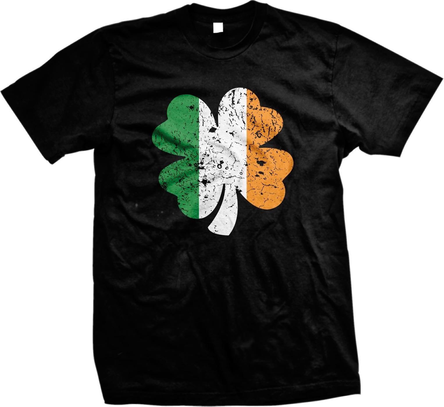 A black t-shirt with a graphic design of a four-leaf clover in the colors of the Irish flag.