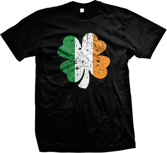 A black t-shirt with a graphic design of a four-leaf clover in the colors of the Irish flag.
