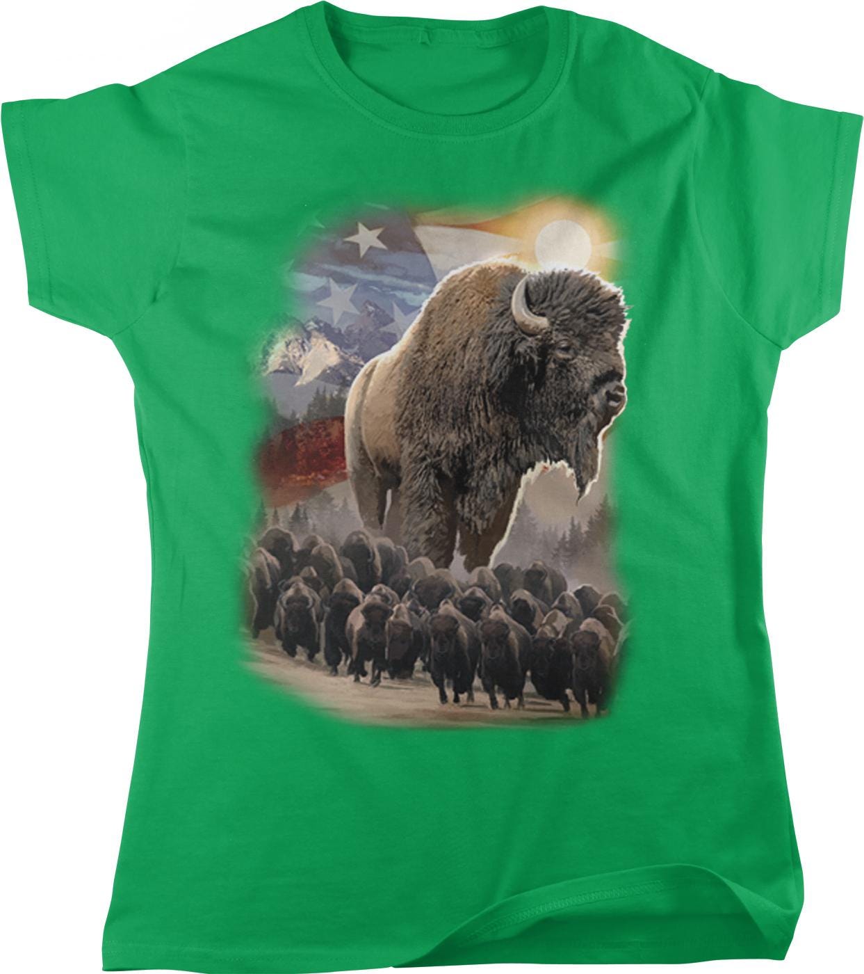 A green t-shirt with a collage of images depicting a bison in a herd, along with a sunset and mountains in the background.