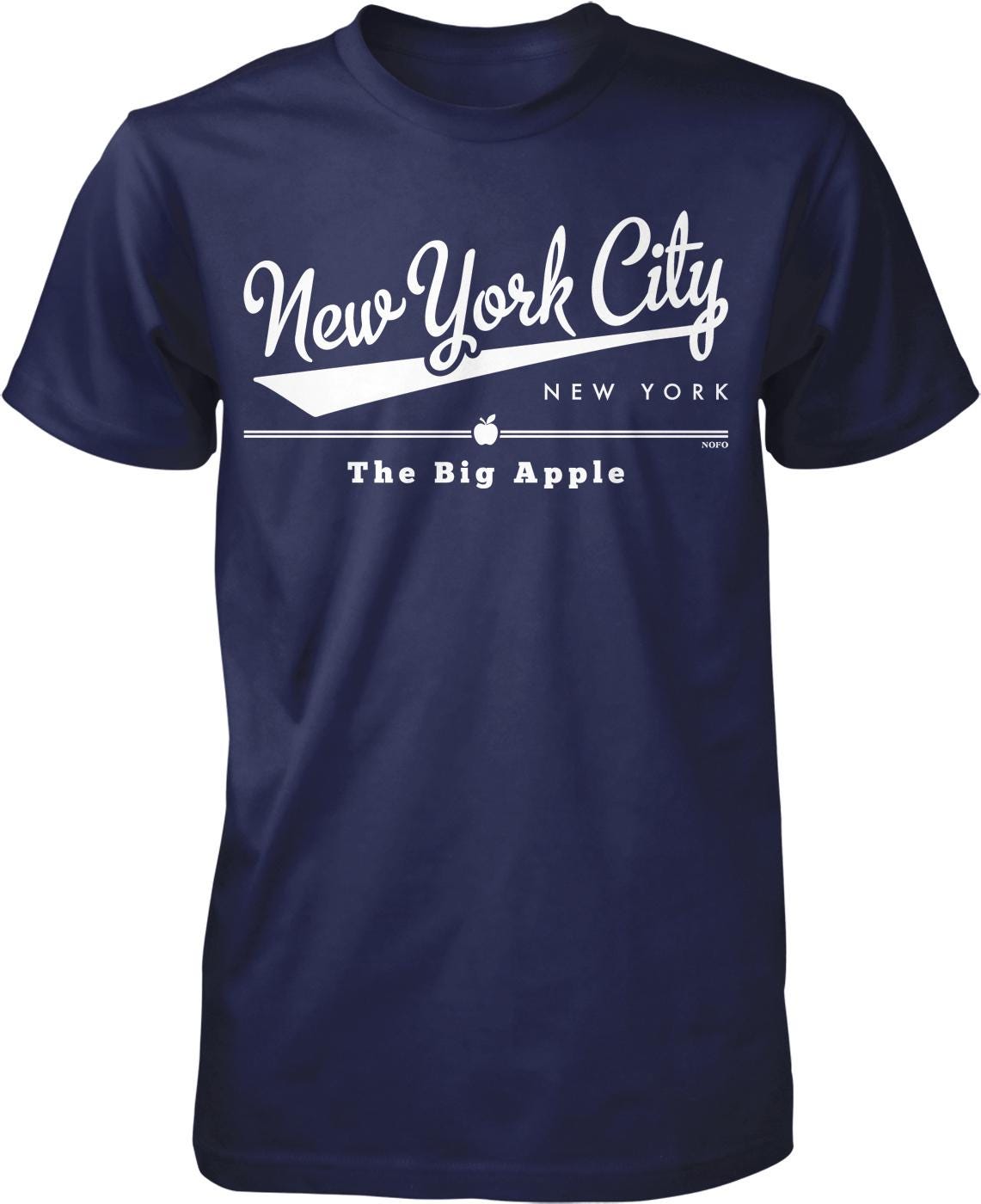 A navy blue t-shirt with white text that says "New York City" and "The Big Apple".