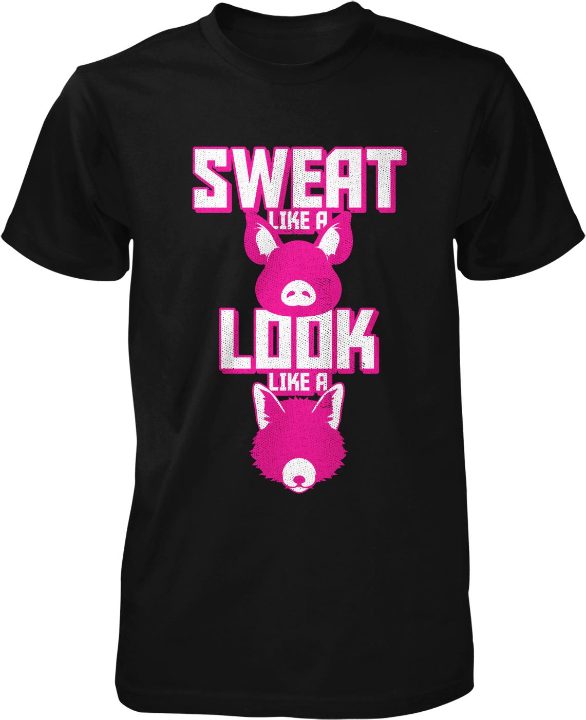 a black t-shirt with a graphic design that includes a pink pig and the text "SWEAT LIKE A LOOK LIKE A" in a playful and humorous manner.