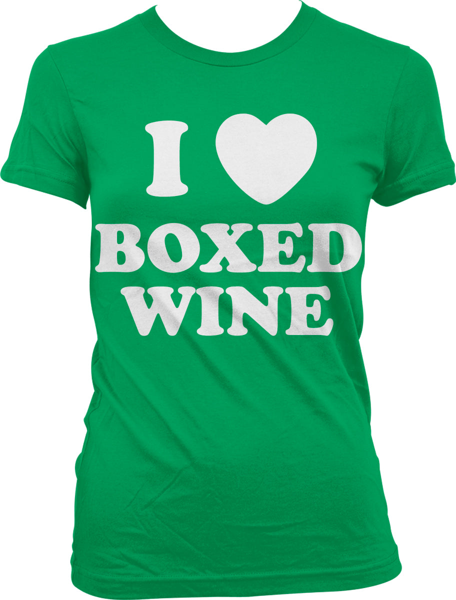 A green t-shirt with white text that says "I ❤️ BOXED WINE".