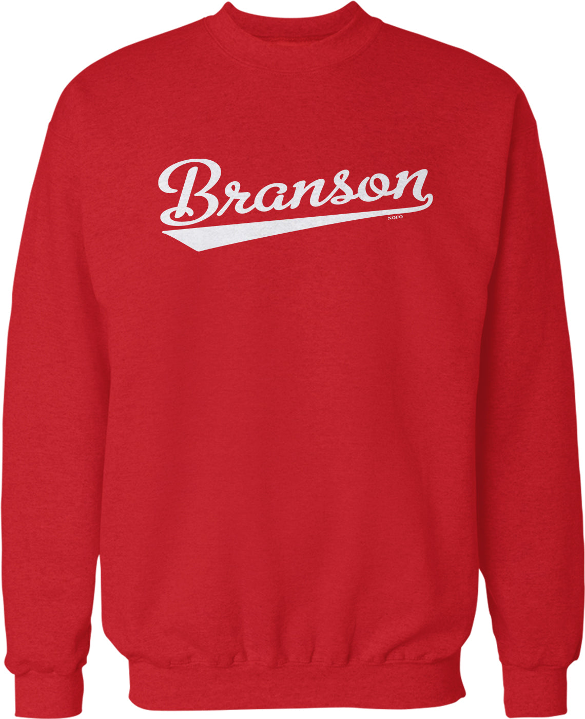 A red sweatshirt with the word "Branson" printed on it in white text.