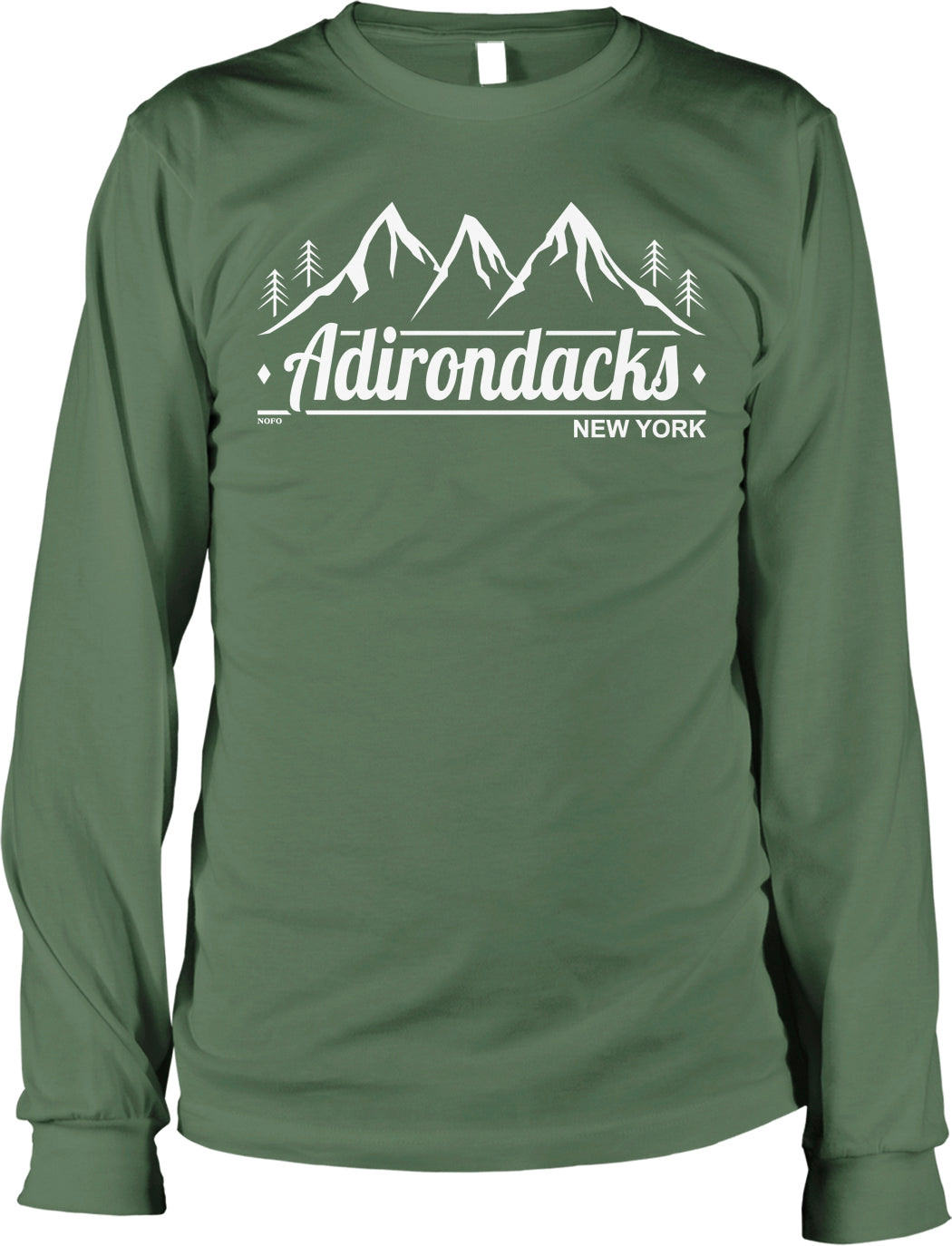 A green long-sleeved t-shirt with a graphic design featuring mountains and trees, along with the text "Adirondacks NEW YORK".