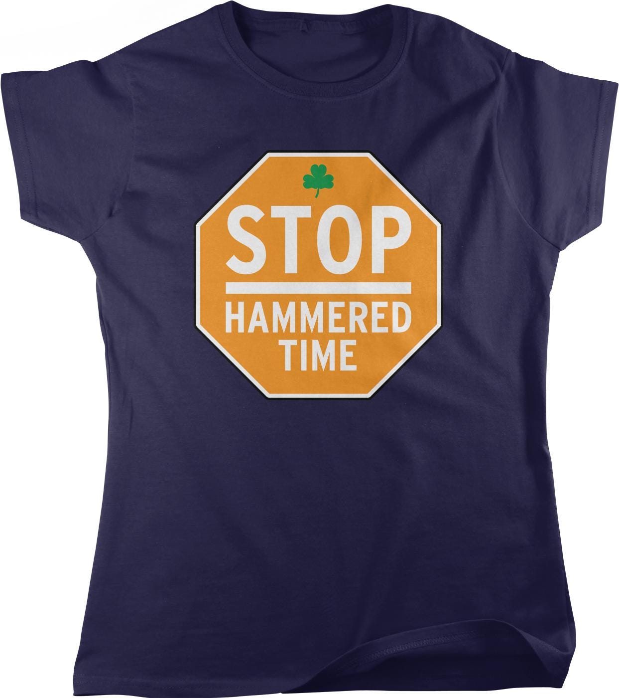 A navy blue t-shirt with an orange octagonal stop sign design and the text "STOP HAMMED TIME" printed on it.