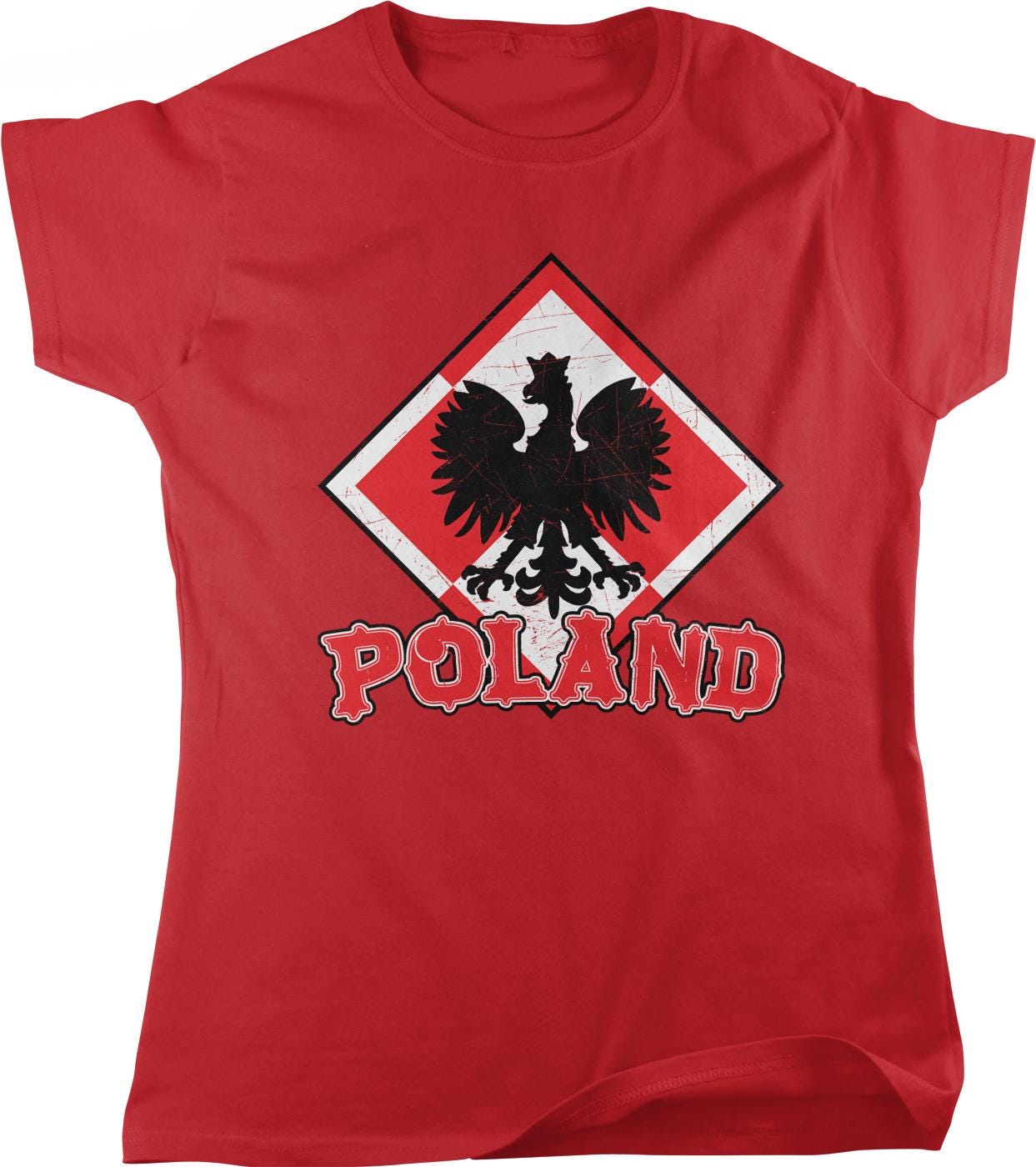 A red t-shirt with a graphic design featuring a black eagle and the word "POLAND" written below it.