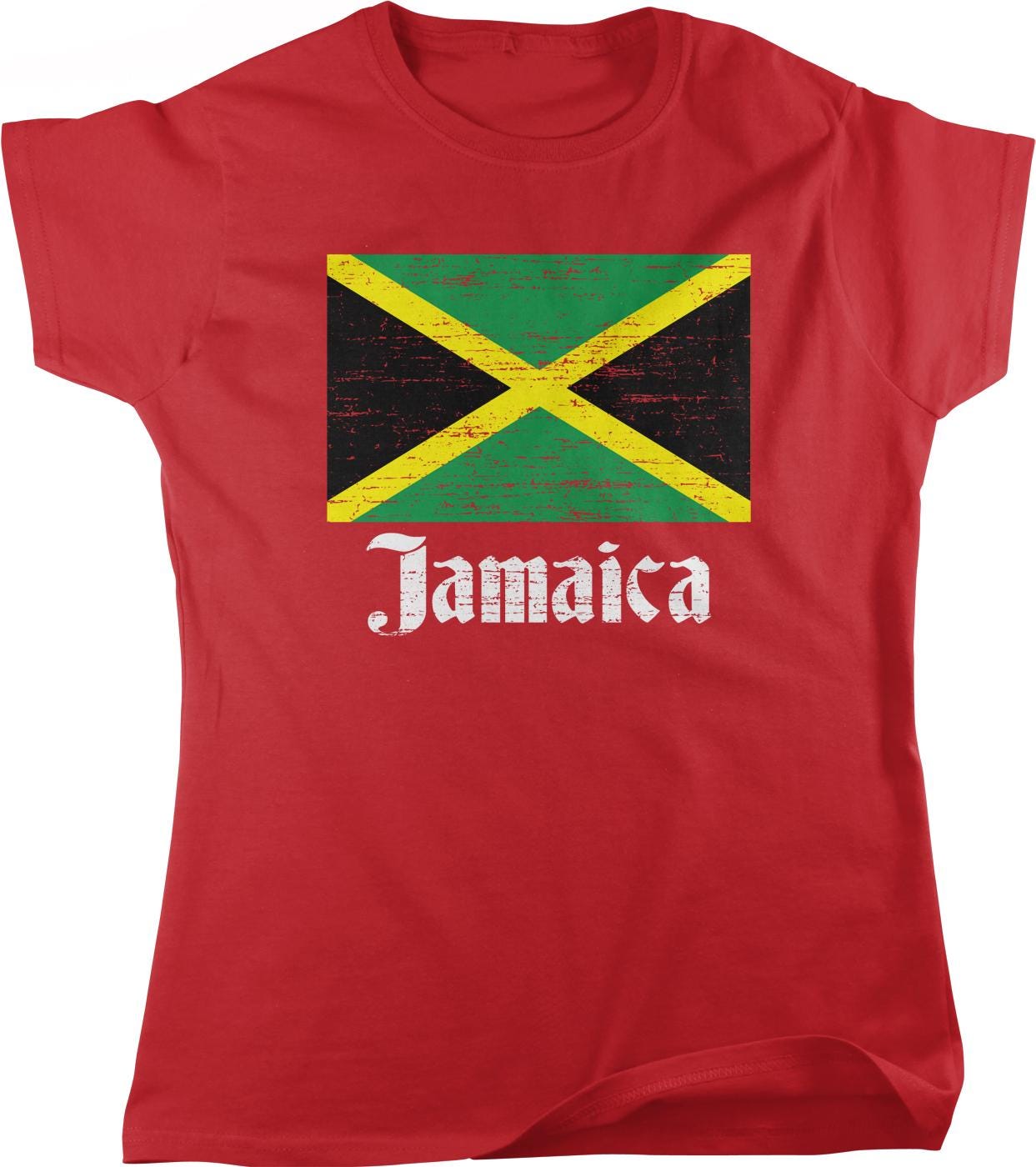 A red t-shirt with a graphic of the Jamaican flag and the word "Jamaica" printed on it.