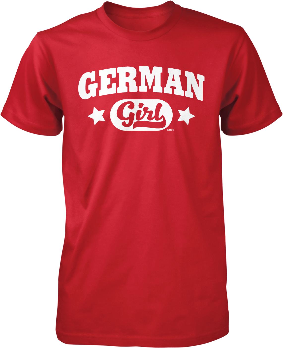 A red t-shirt with the text "GERMAN Girl" printed on it.