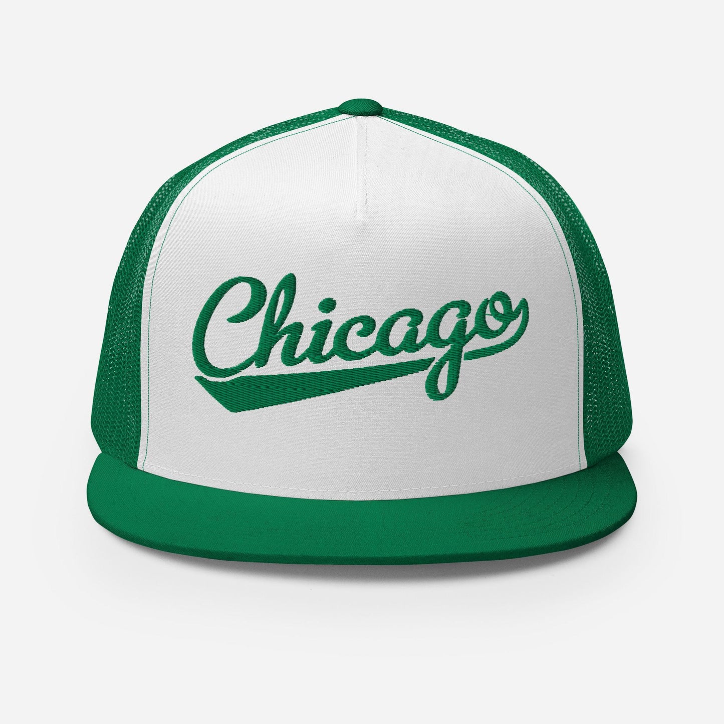 A green and white baseball cap with the word "Chicago" printed on it.
