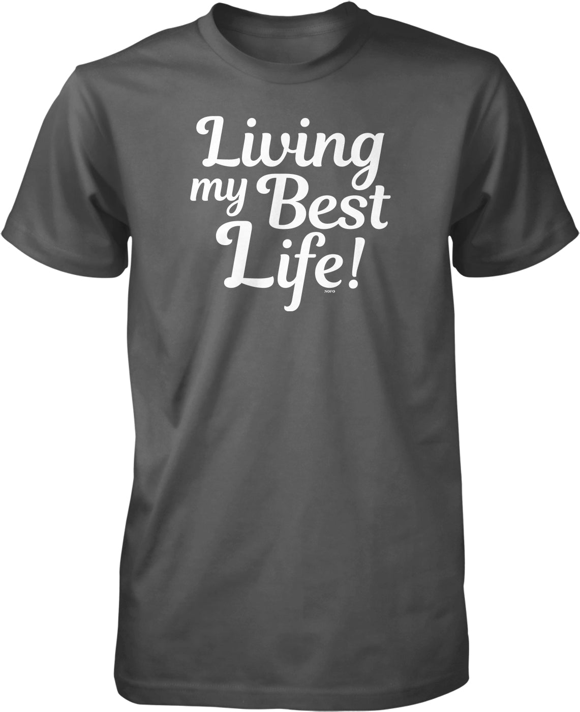 A gray t-shirt with the text "Living my Best Life!" printed on it in white lettering.