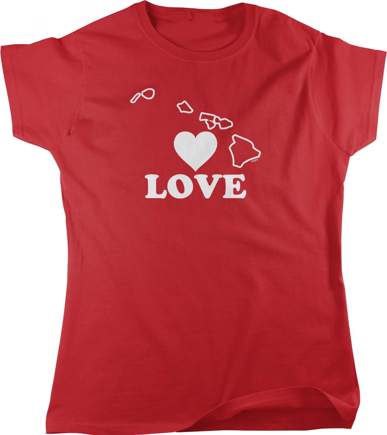 A red t-shirt with the word "LOVE" printed on it, along with a graphic of the Hawaiian state of Hawaii.