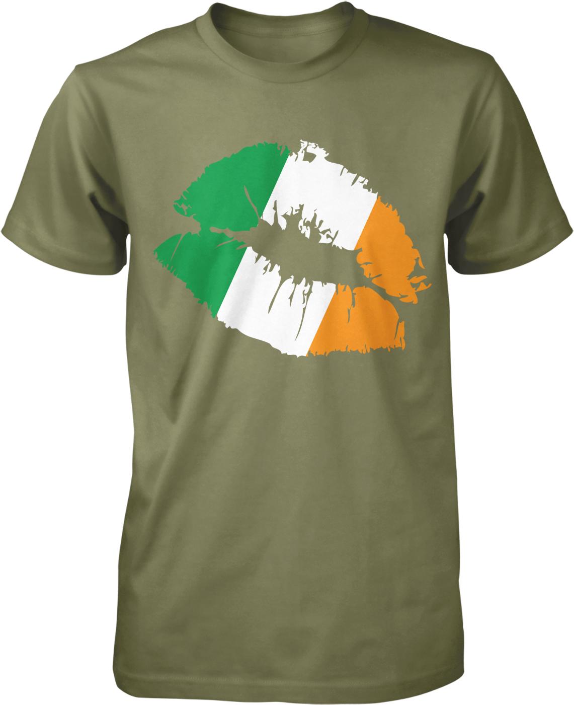 A green t-shirt with a graphic design depicting the colors of the Irish flag.