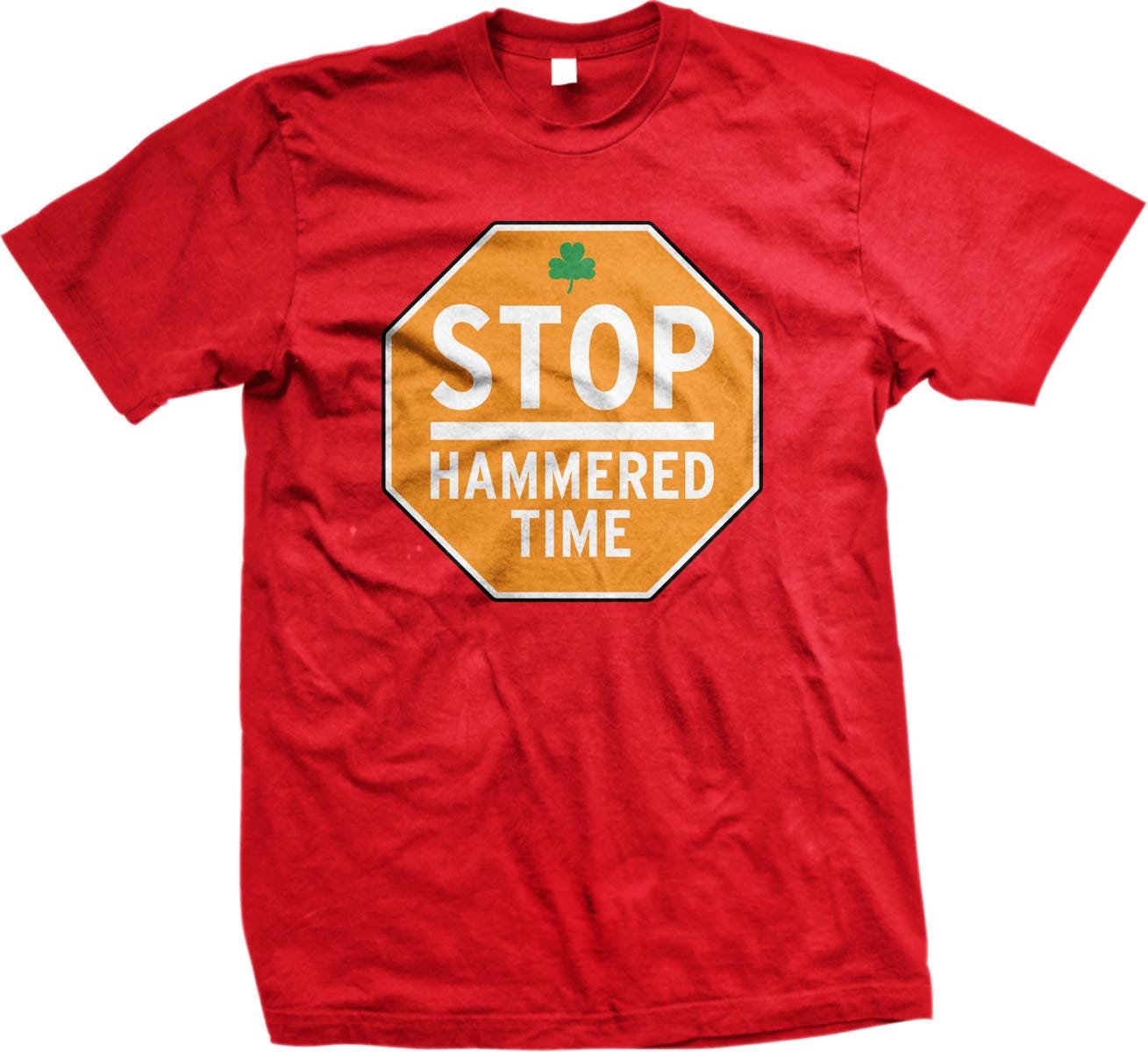 A red t-shirt with a stop sign graphic and the text "HammerED TIME" printed on it.
