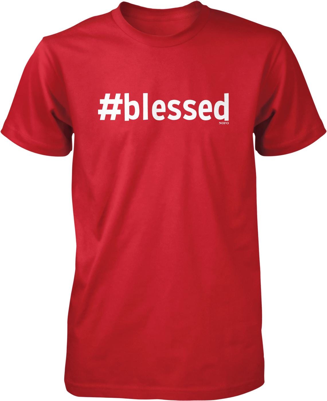 A red t-shirt with the text "#blessed" printed on it.