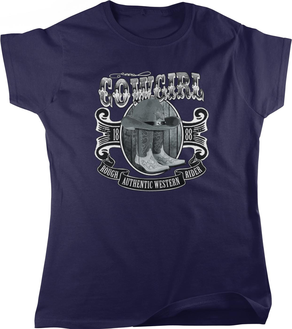The image is a graphic design on a navy blue t-shirt featuring a cowboy hat, boots, and the text "COWgirl" prominently displayed.