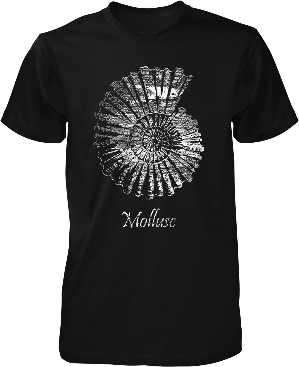 A black t-shirt with a white graphic design depicting a spiral pattern.