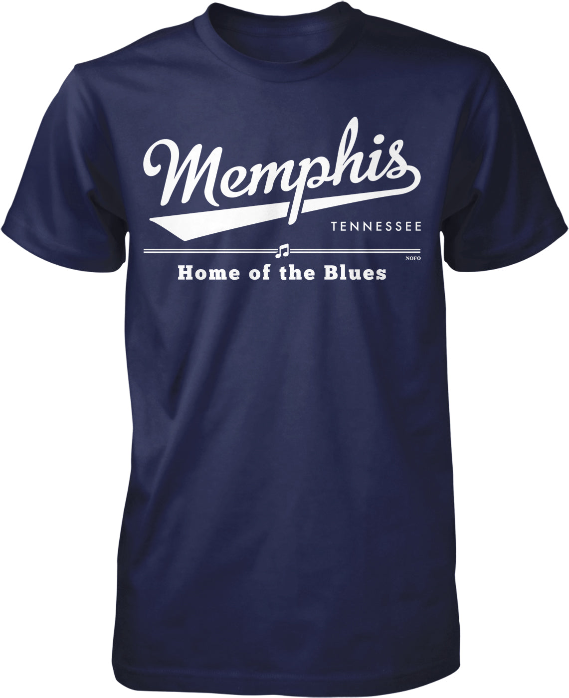 A navy blue t-shirt with white text that says "Memphis, Tennessee" and "Home of the Blues" printed on it.