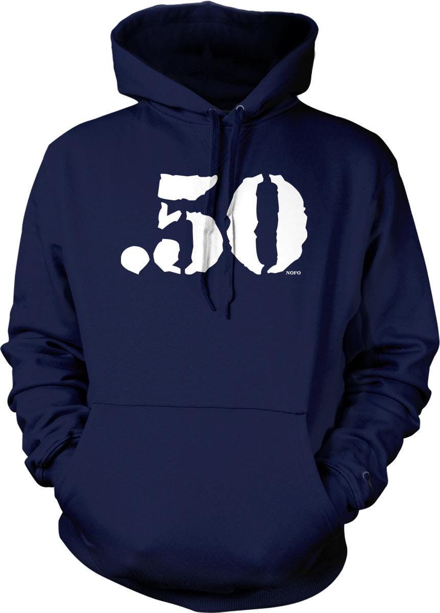 A navy blue hoodie with a white graphic design on the front, depicting the number 50.
