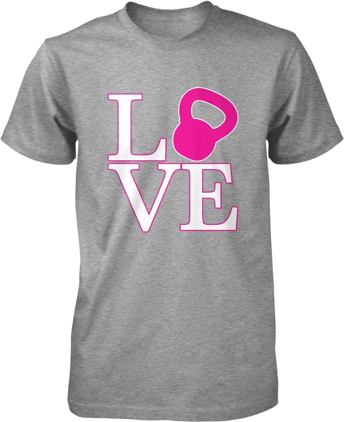 A gray t-shirt with a pink graphic design that says "LOVE" in white letters.