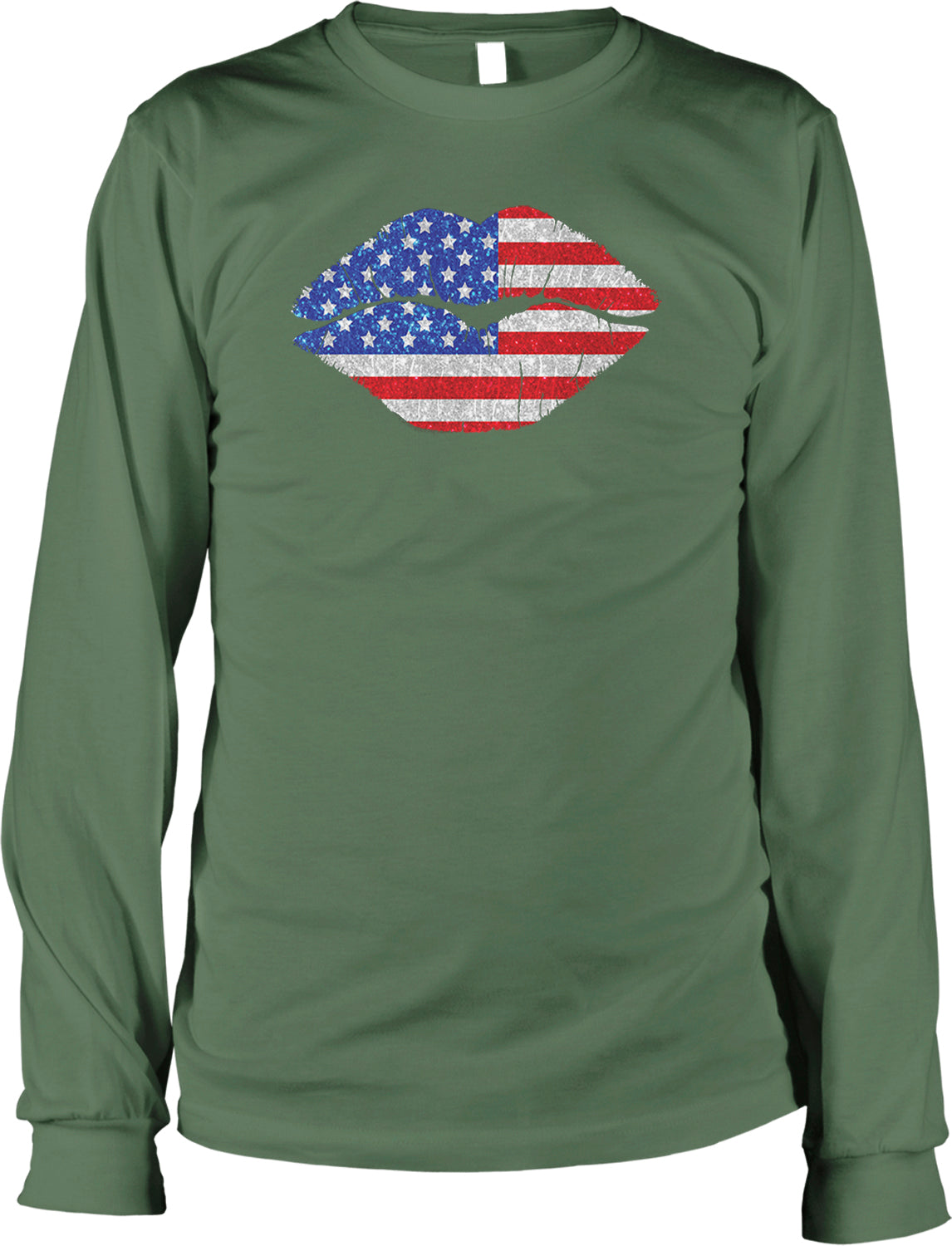 A long-sleeved green t-shirt with a graphic design of a pair of lips in the shape of the American flag.