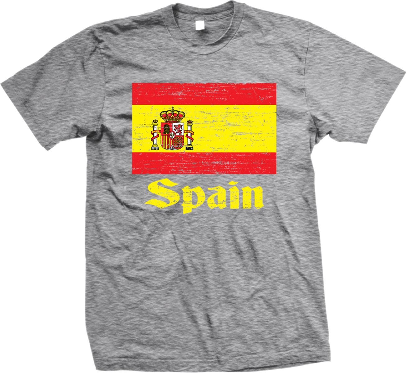 A gray t-shirt with a graphic design of the Spanish flag and the word "Spanish" printed on it.