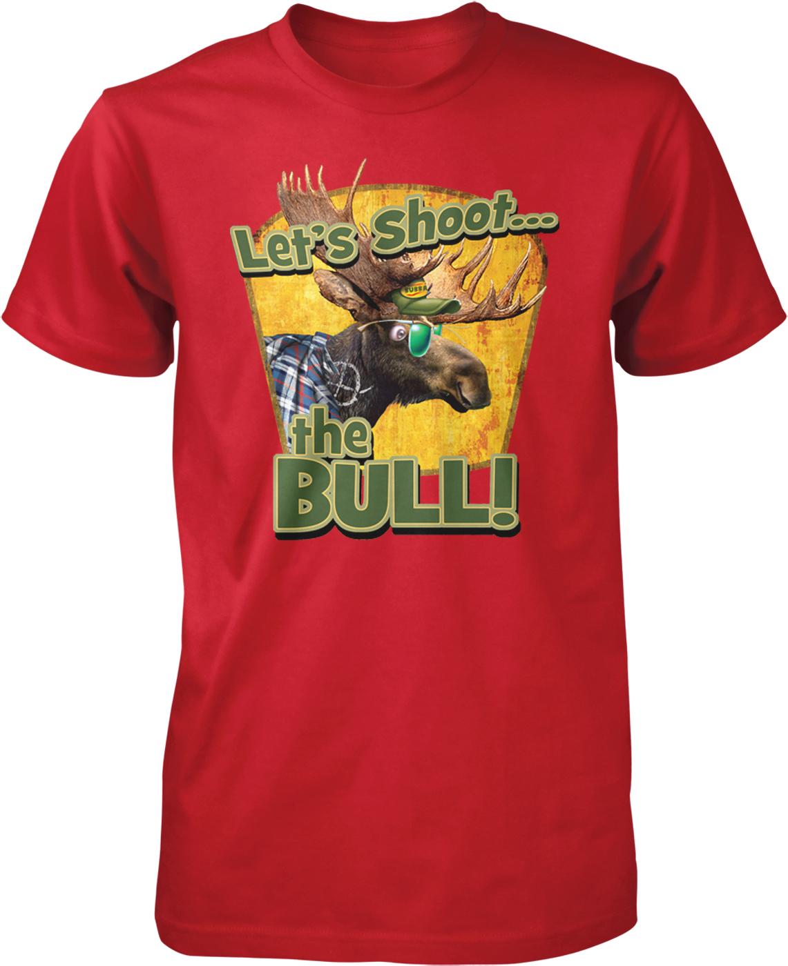 A red t-shirt with a graphic design featuring a moose wearing sunglasses and the text "Let's Shoot the Bull!"
