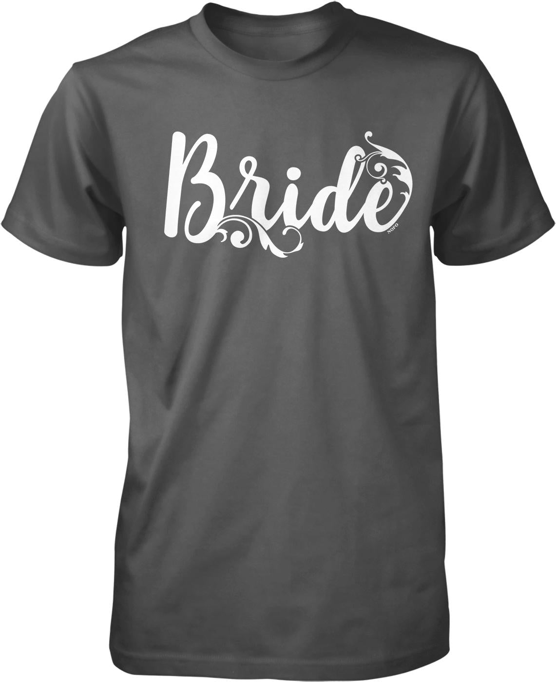 A gray t-shirt with the word "Bride" printed in white cursive text.