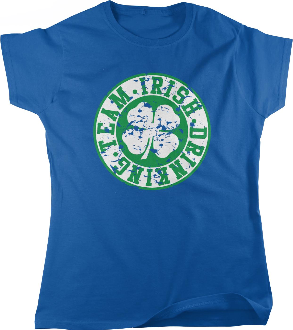 A blue t-shirt with a graphic design featuring a white and green circular logo with the text "TEAM IRISH DRINK" inside it.