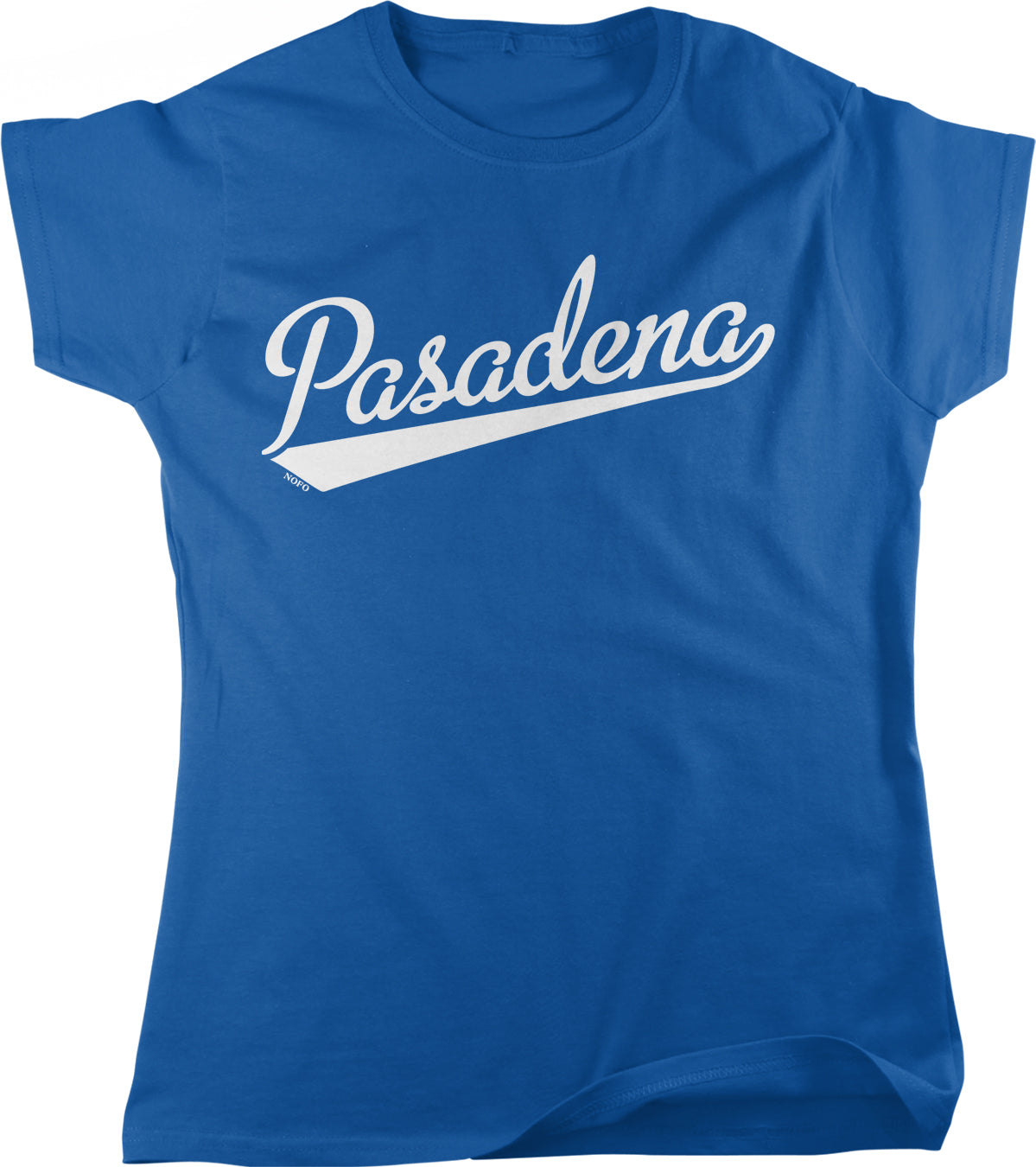 A blue t-shirt with the word "Pasadena" printed on it in white text.